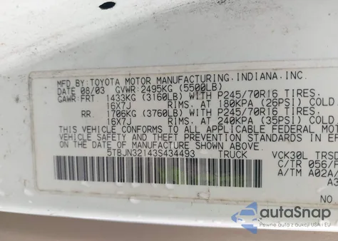 2003 Toyota Tundra from USA, damaged, VIN 5TBJN32143S434493